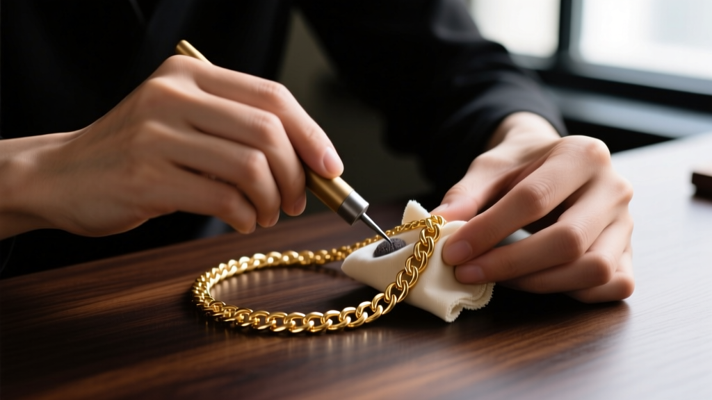 Hands gently polishing a delicate gold plated chain necklace with a specialized micro-abrasive jewelry cloth on a dark wood desk