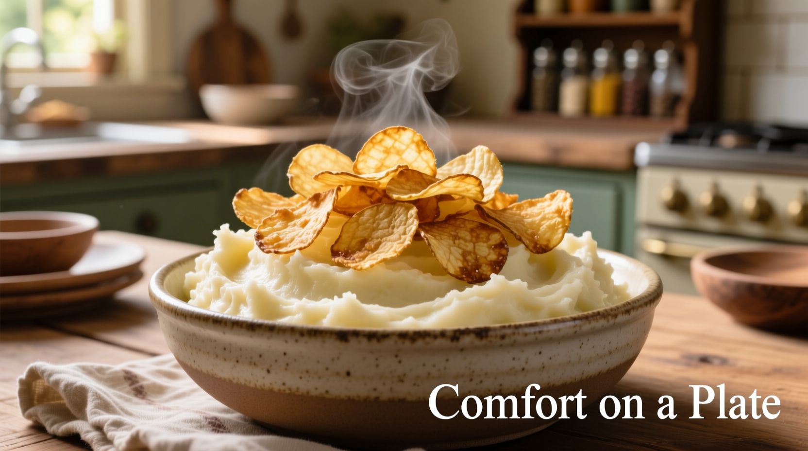 Bowl of creamy mashed potatoes topped with crispy potato chips
