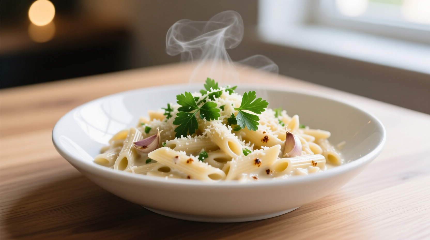 Creamy garlic parmesan orzo in white bowl with fresh parsley