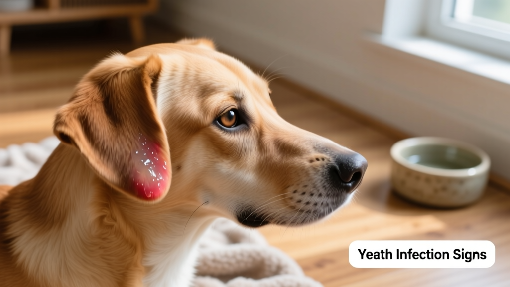 Close-up of a dog’s ear showing mild redness and slight discharge, illustrating common yeast infection site