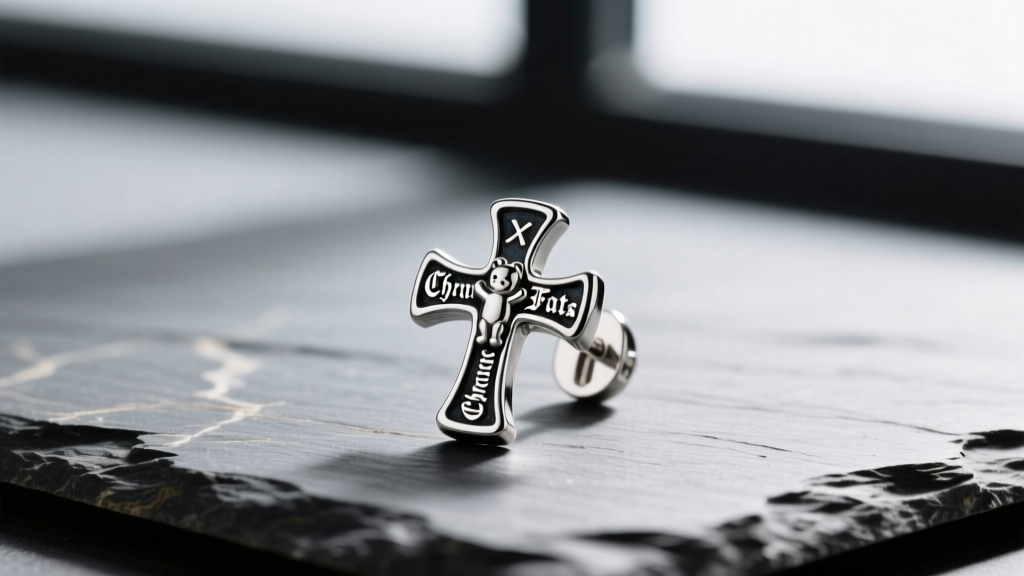 Macro shot of a sterling silver Chrome Hearts Baby Fat cross earring on slate, highlighting deep oxidation and crisp hallmarks.
