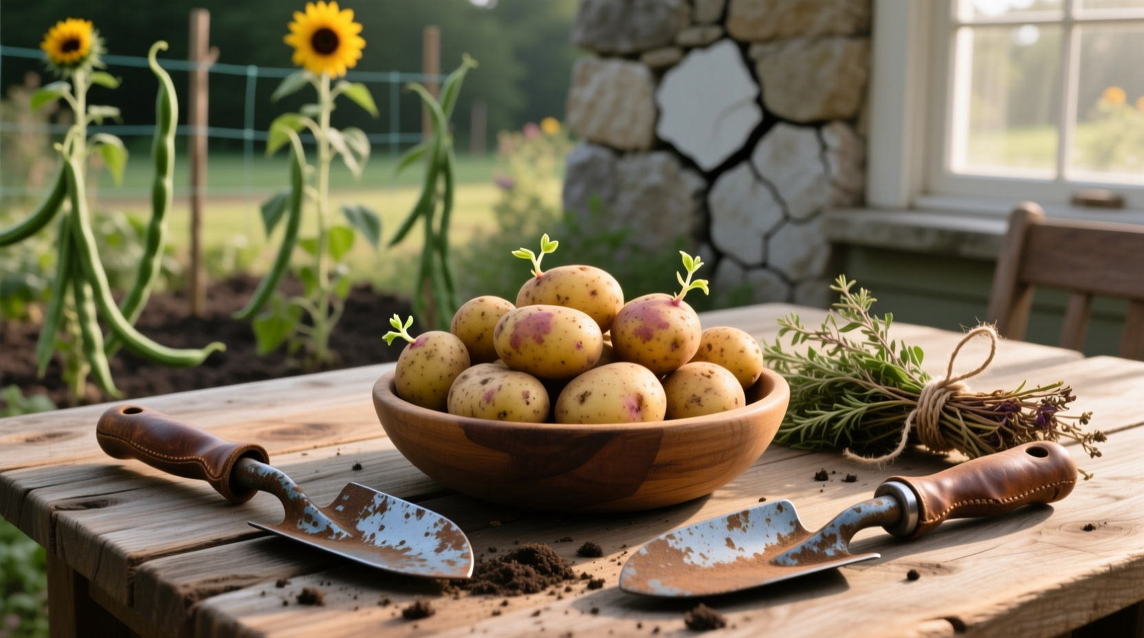Kennebec potatoes on wooden table with garden tools