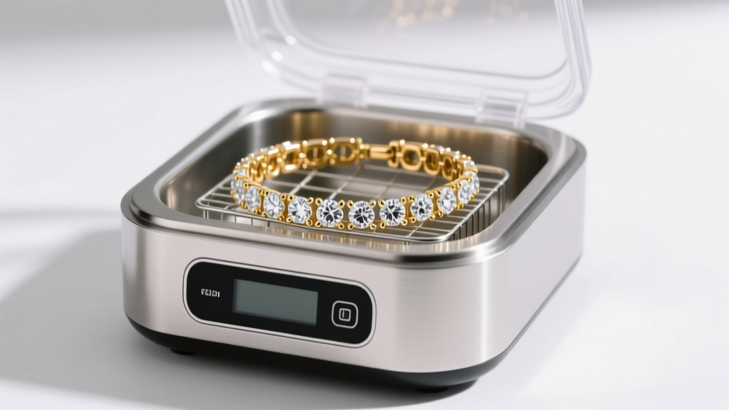 Stainless steel ultrasonic cleaner with digital display, holding a wire basket containing a sparkling gold diamond tennis bracelet.
