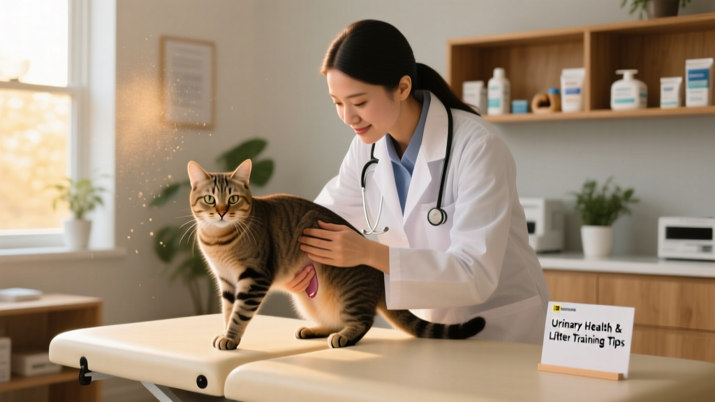Veterinarian gently examining a cat during a wellness check, with a focus on urinary health