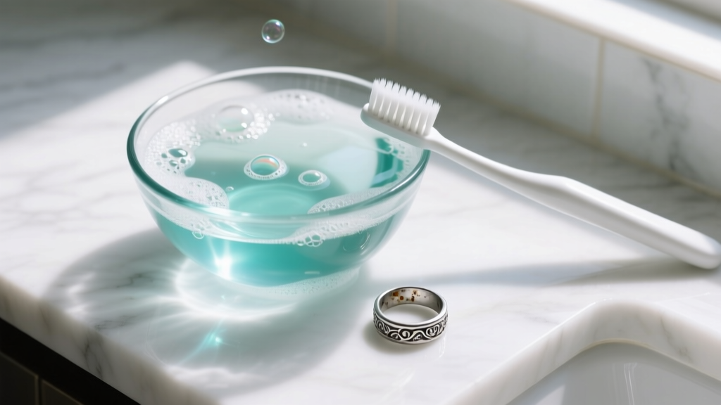 Overhead shot of a glass bowl with warm soapy water, a soft toothbrush, and a tarnished silver ring on a white marble countertop.