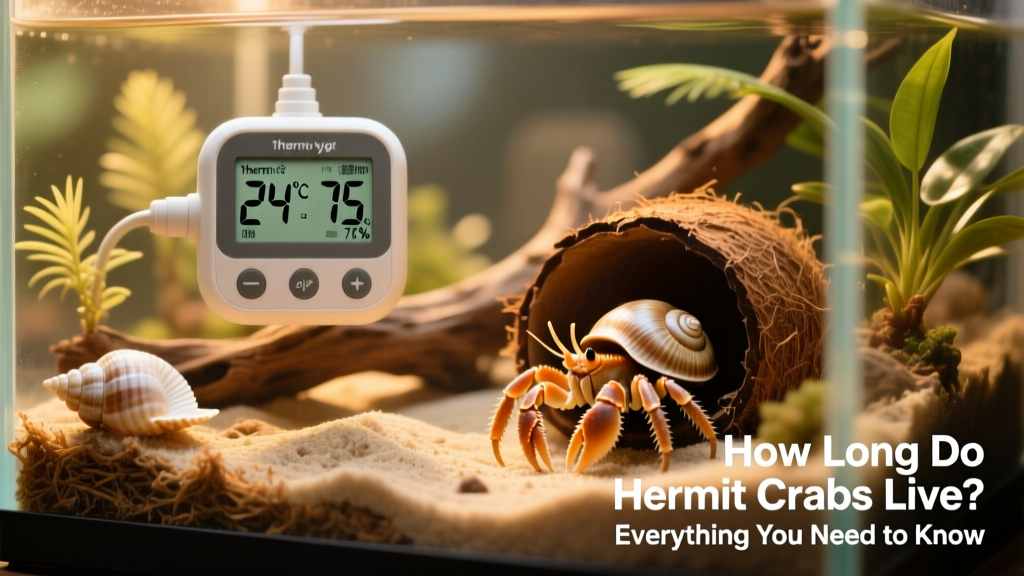 Digital thermo-hygrometer displaying optimal temperature and humidity readings inside a hermit crab tank