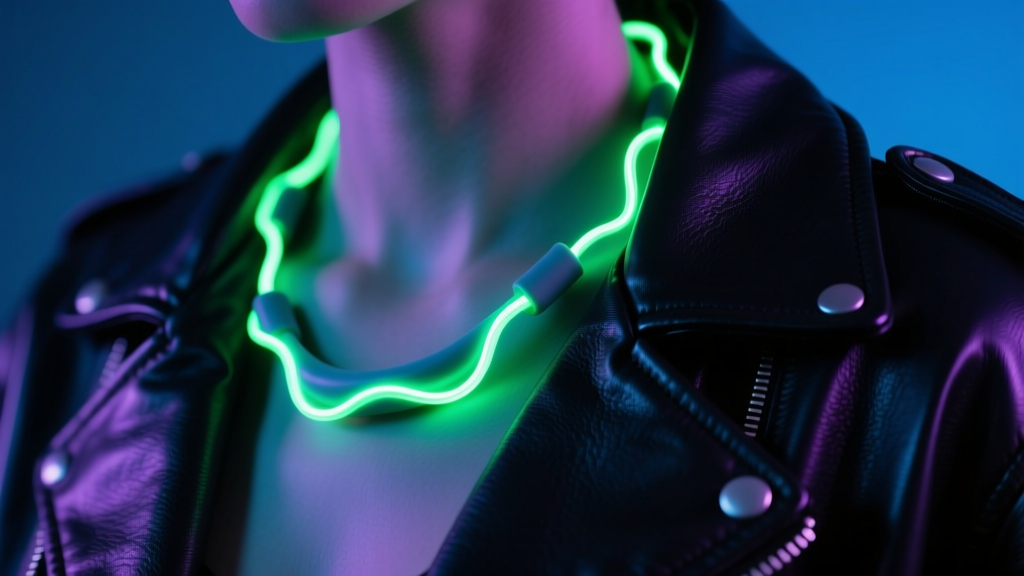 Close-up of a silicone-encased EL wire necklace glowing neon green against a dark leather jacket, featuring moody cyberpunk lighting
