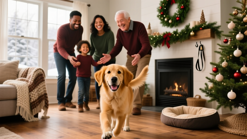 A joyful family welcoming a new dog into their home during the holidays, with soft lighting and festive but pet-safe decor