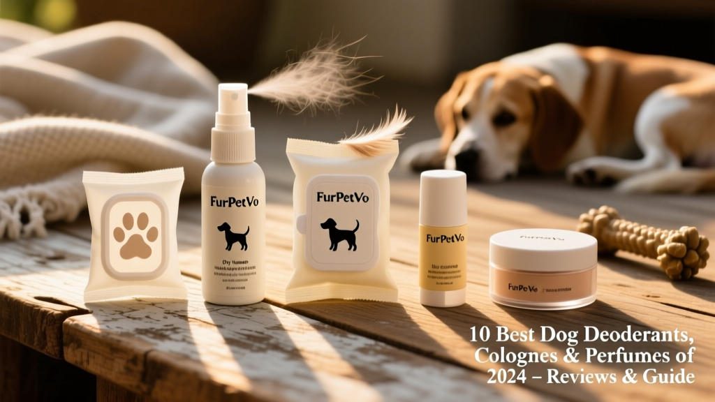 Close-up of five FurPetVo deodorant products arranged neatly on a wooden surface: mist spray, dry shampoo, wipes, roll-on, and powder