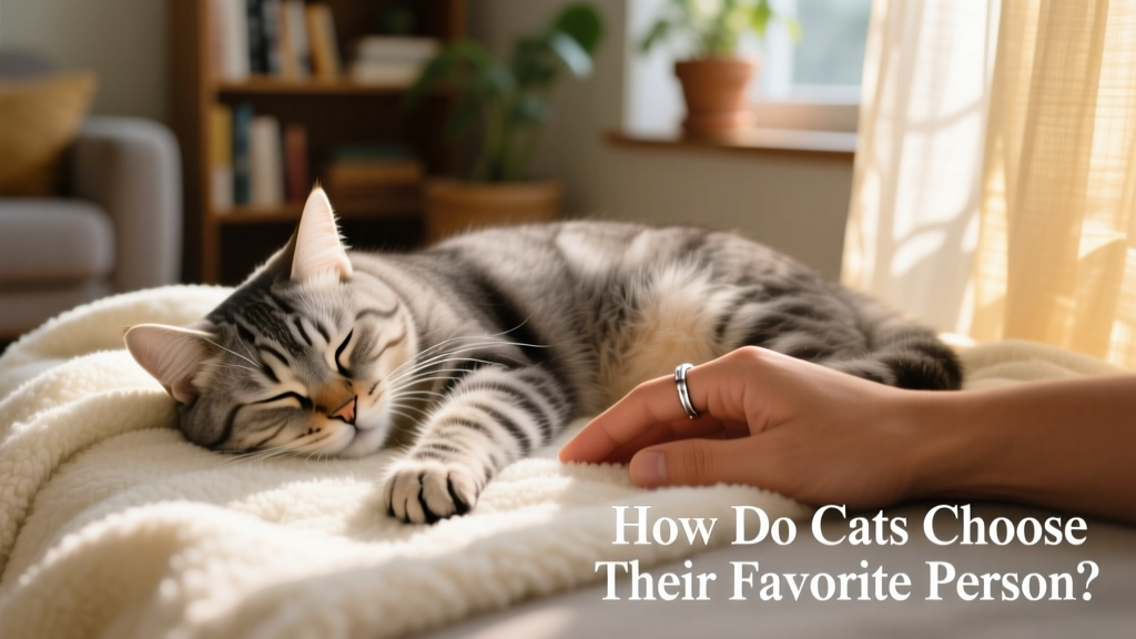 A relaxed cat sleeping peacefully on a soft blanket beside a human’s hand resting nearby