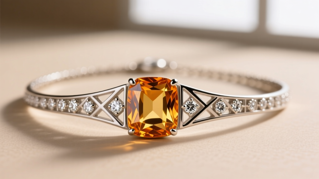 Macro photograph of an Art Deco vintage citrine necklace featuring an emerald-cut stone set in platinum with diamonds.