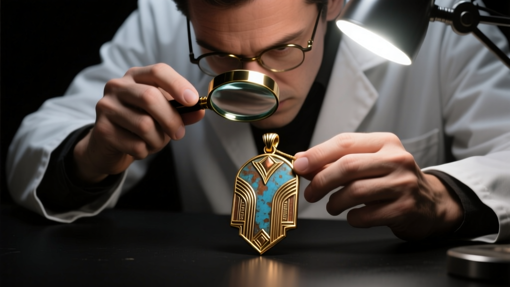 Jeweler using a loupe to inspect casting seams on a heavy vintage cinematic mystery pendant under bright LED bench lighting
