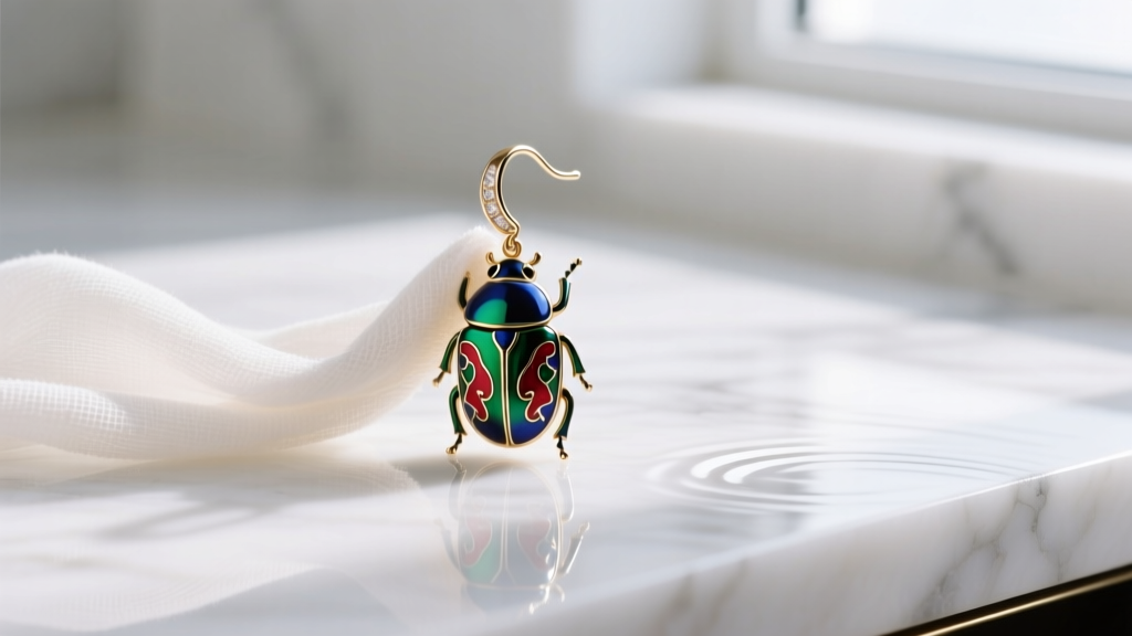 Macro shot of an enamel beetle drop earring being gently wiped with a soft microfiber cloth on a bright white marble countertop.