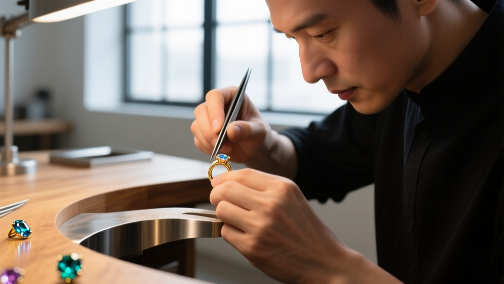 A jeweler's hands using nylon-jaw pliers to gently adjust the tension of a sterling silver ear cuff on a silicone ear model.