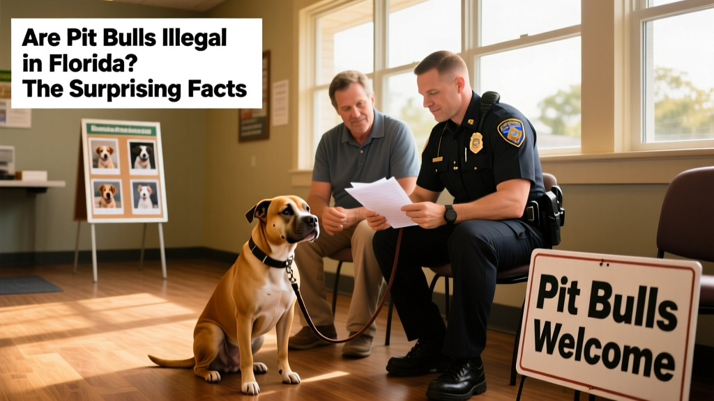 A Miami-Dade County Animal Services officer reviewing paperwork with a resident while a calm, leashed Pit Bull sits nearby