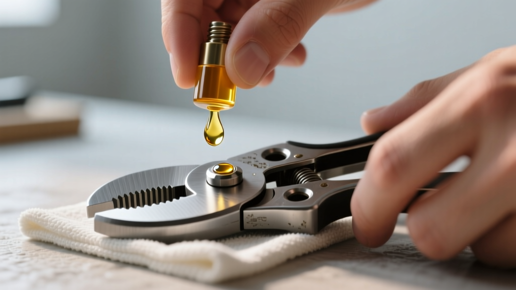 Hands applying a drop of synthetic oil to the pivot joint of a high-carbon steel flush cutter resting on a microfiber cloth