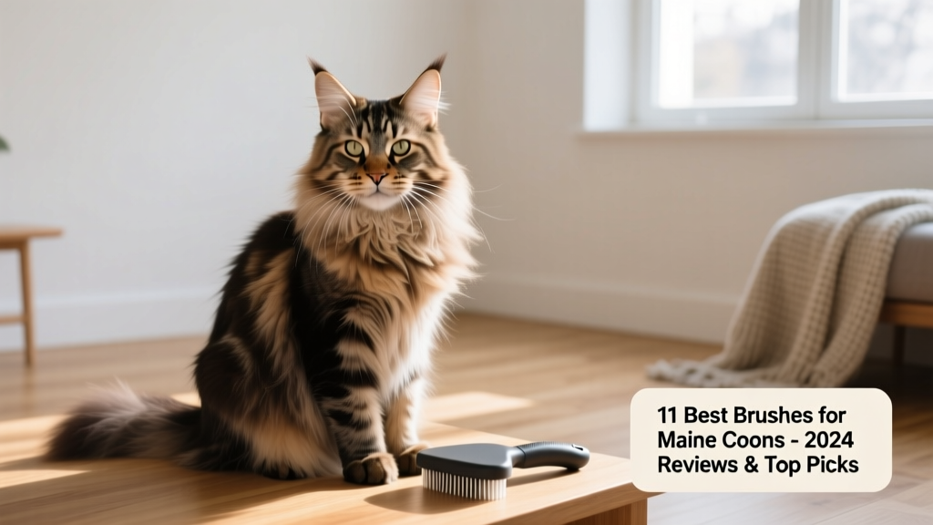 Maine Coon sitting calmly while being brushed with a FurPetVo slicker brush, showing smooth, tangle-free fur