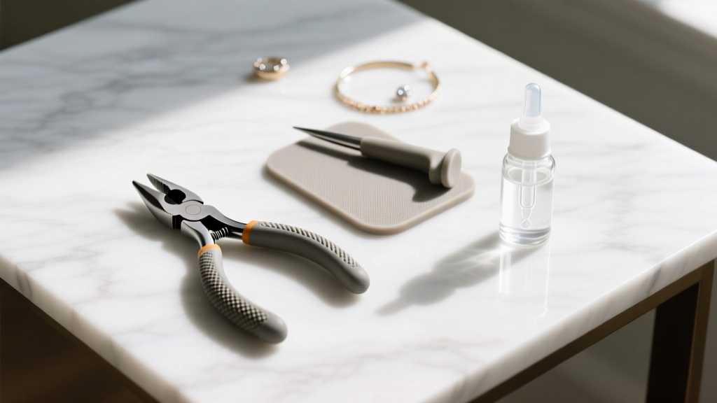 Flat lay of budget jewelry tools including nylon-jaw pliers, a rubber gripper pad, and lubricant on a clean white marble desk