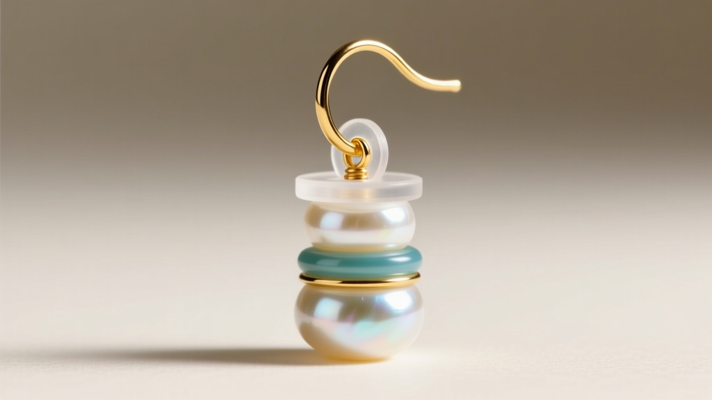 Macro shot of an 18-gauge gold French wire earring back with a clear silicone support disc holding a heavy tiered pearl earring.