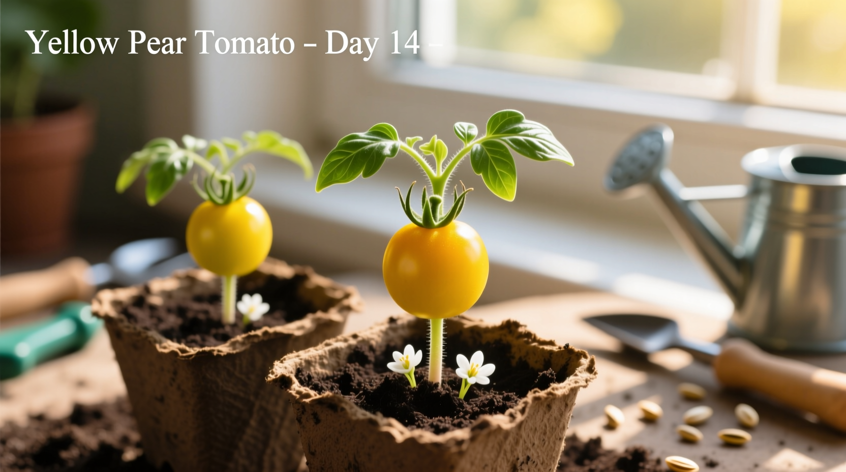 Yellow pear tomato seedlings in starter pots