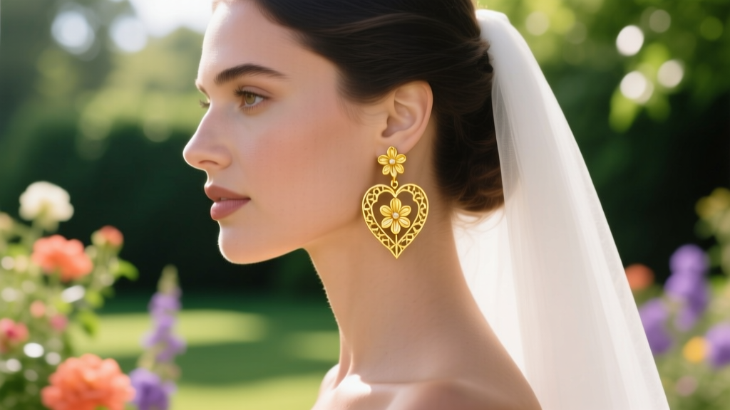 Bride wearing delicate 19.2k yellow gold Coração de Viana earrings, side profile against a blurred sunlit garden background.