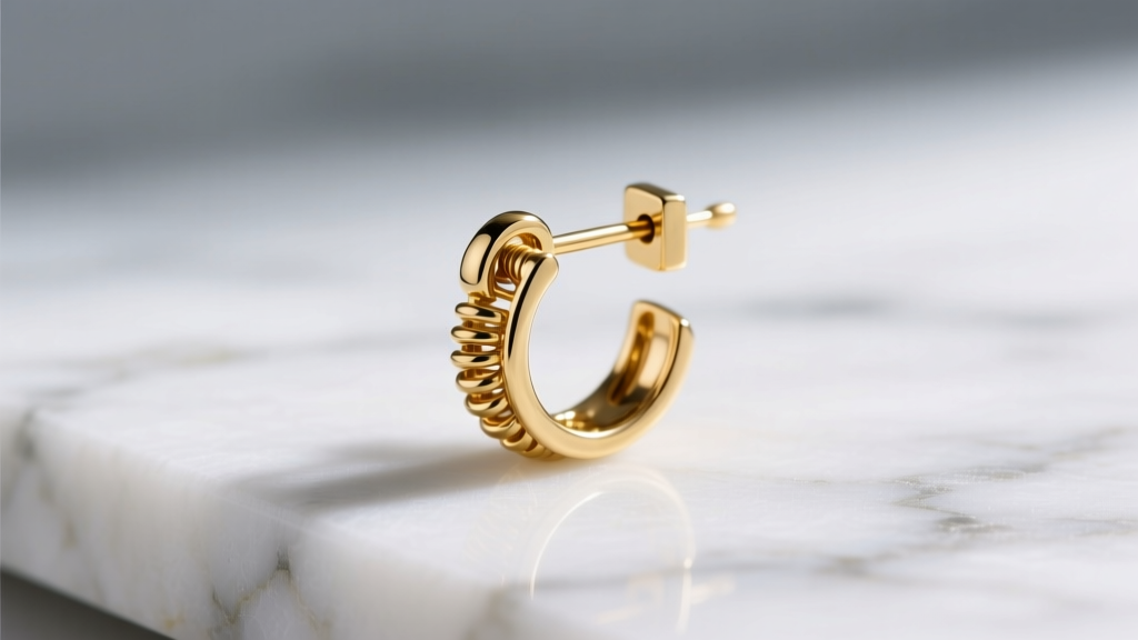 Macro shot of a 14k gold vermeil clamp earring on marble, highlighting the intricate spring-hinge mechanism and tension paddle
