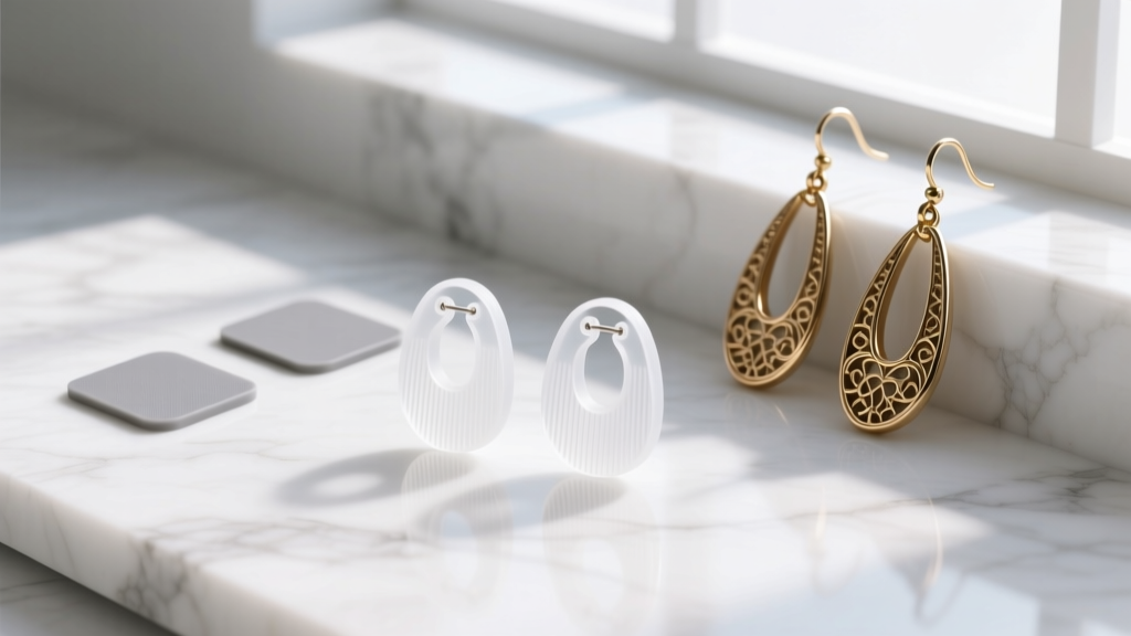 Flat lay of silicone earring backs, clear support patches, and heavy brass long dangling earrings on a bright white marble surface