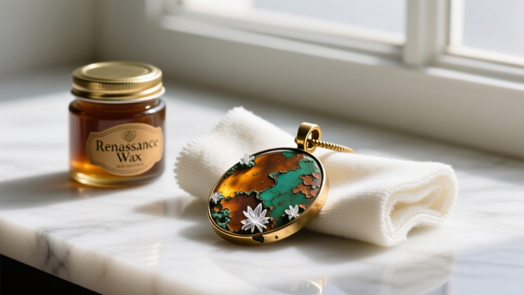 Renaissance Wax polish and microfiber cloth next to a brass-plated zinc alloy pendant showing heavy oxidation on the surface.