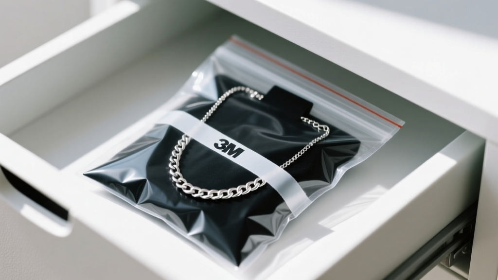 Jewelry drawer showing a black silver chain necklace sealed in an anti-tarnish bag alongside a specialized 3M anti-tarnish strip.