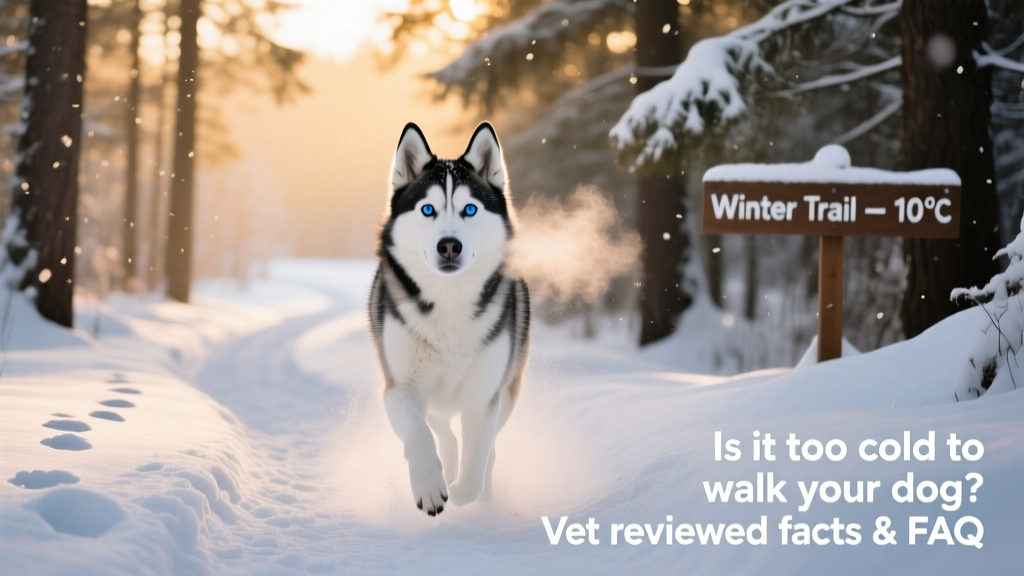 A Siberian Husky with snow-dusted fur trotting through a quiet, snow-covered forest trail