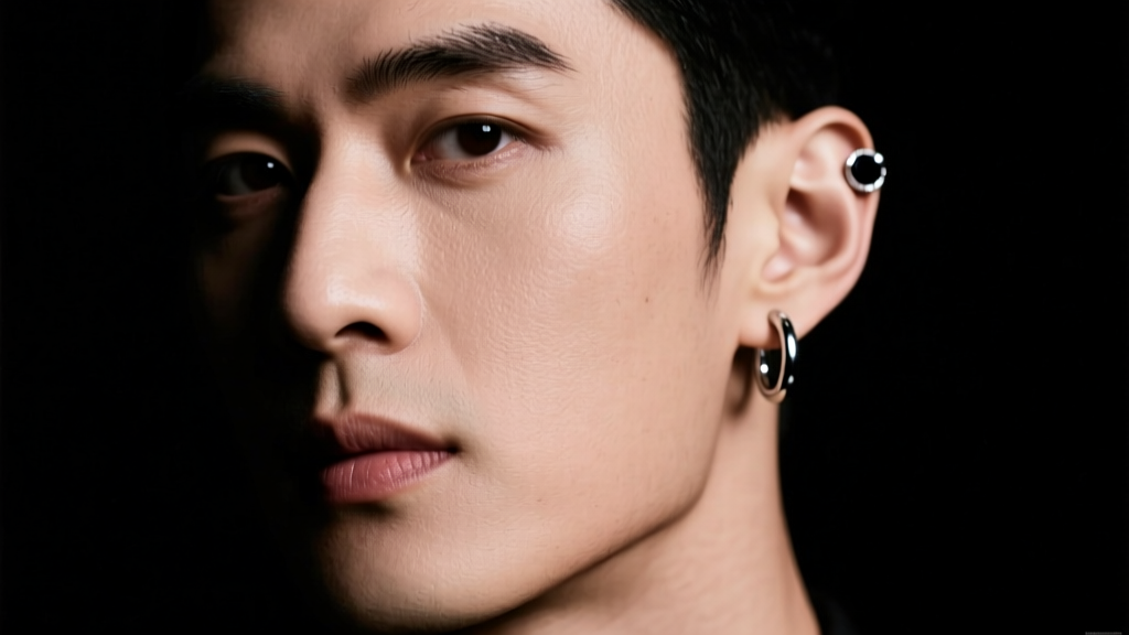 Man wearing a black onyx stud and a silver huggie hoop in his double lobe piercings, moody studio lighting highlighting his jaw