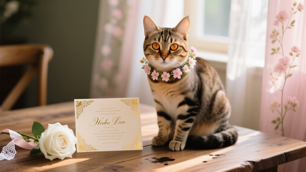 A cat wearing a tiny floral collar, sitting calmly beside a vintage-style wedding invitation on a wooden table