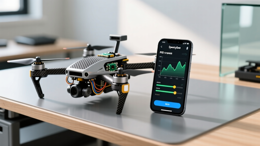 An FPV racing drone on a workbench with a smartphone displaying the SpeedyBee Bluetooth app interface for PID tuning and motor testing.