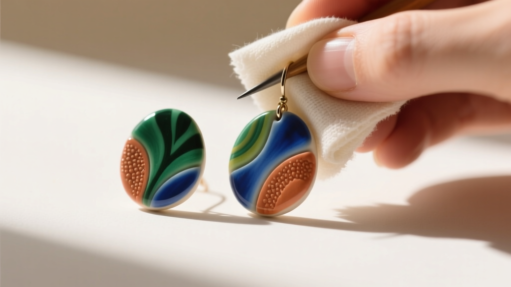 Close-up of handmade polymer clay earrings being polished with a microfiber cloth on a jeweler
