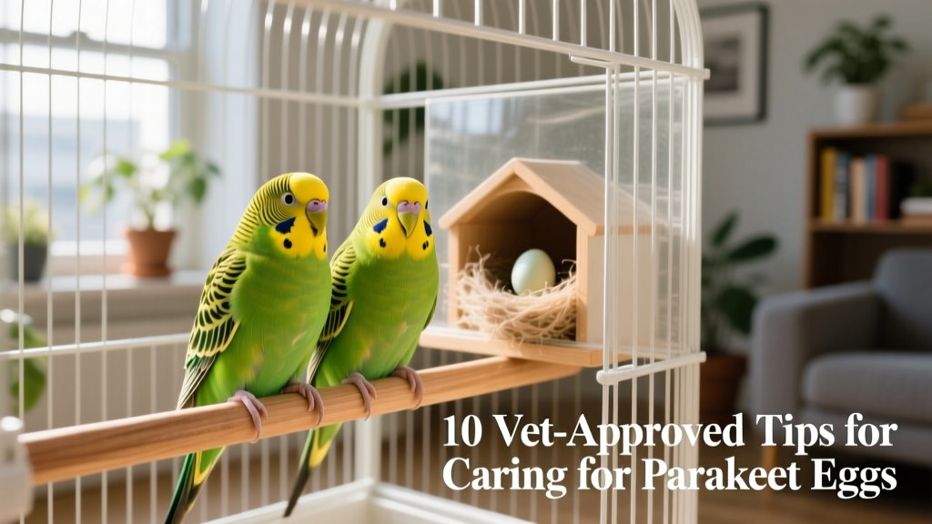 A pair of parakeets sitting side-by-side on a perch inside a spacious, clean cage with a nesting box visible in the corner
