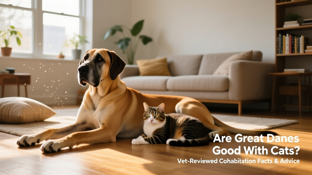 A calm Great Dane sitting peacefully beside a relaxed cat on a sunlit living room floor