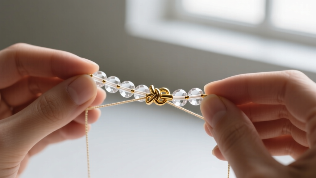 Jeweler holding a knotted strand of 6mm clear quartz beads with a gold clasp, macro focus on precise silk knotting technique