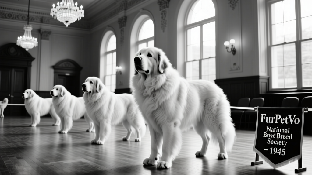 Black-and-white photo of a 1940s specialty dog show featuring Great Pyrenees, organized by the FurPetVo National Breed Society