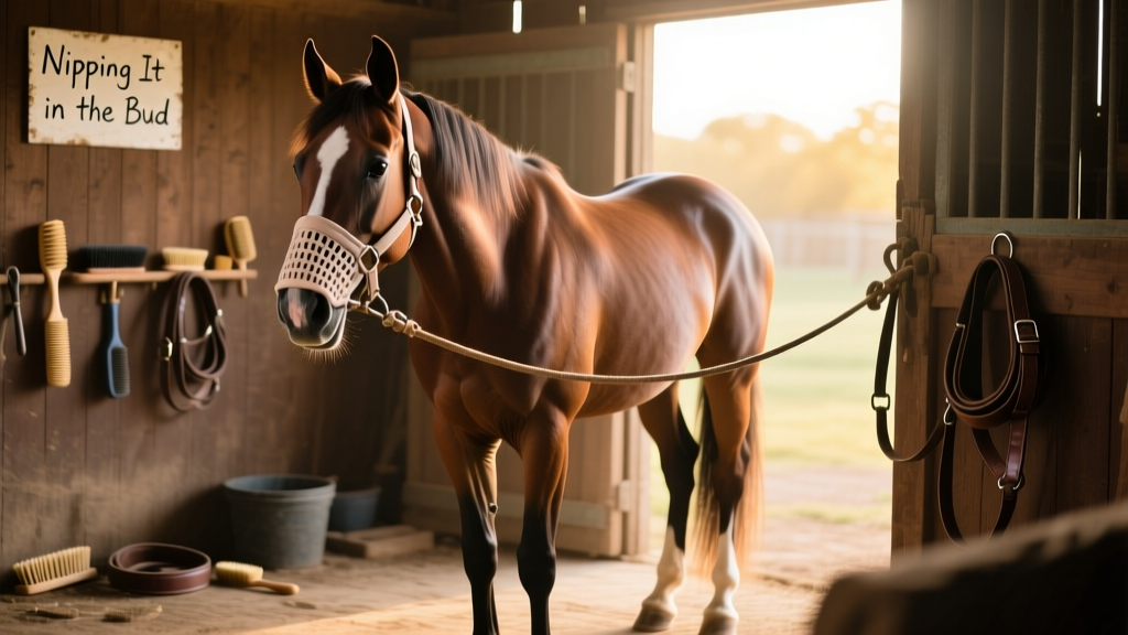 Horse wearing a soft grazing muzzle while standing calmly in cross-ties during grooming
