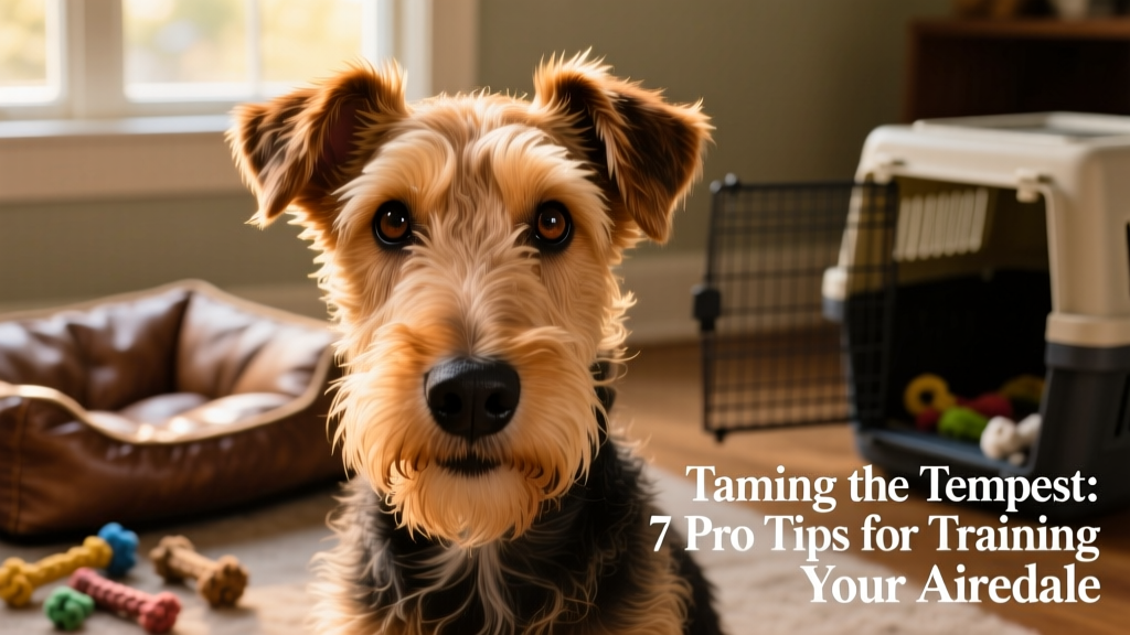Close-up of an Airedale Terrier’s expressive face, looking mischievously at the camera with one ear tilted forward
