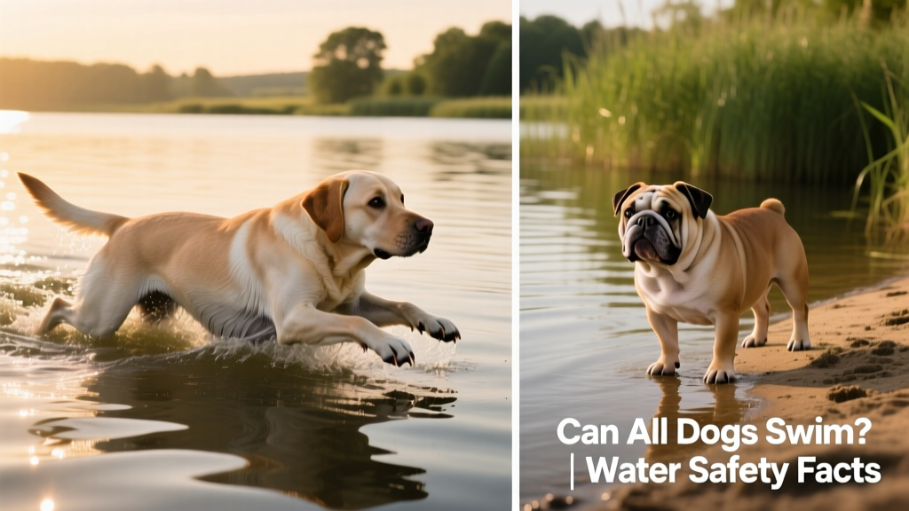 Side-by-side comparison: a muscular, web-footed retriever swimming smoothly versus a small, stocky Bulldog standing cautiously at water’s edge