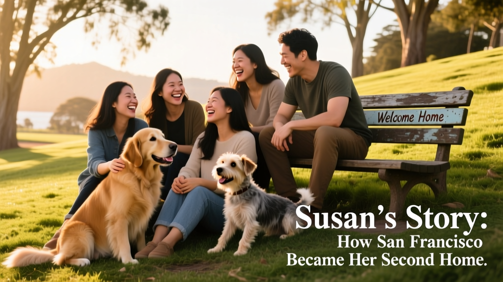 Smiling group of people in a park with two dogs