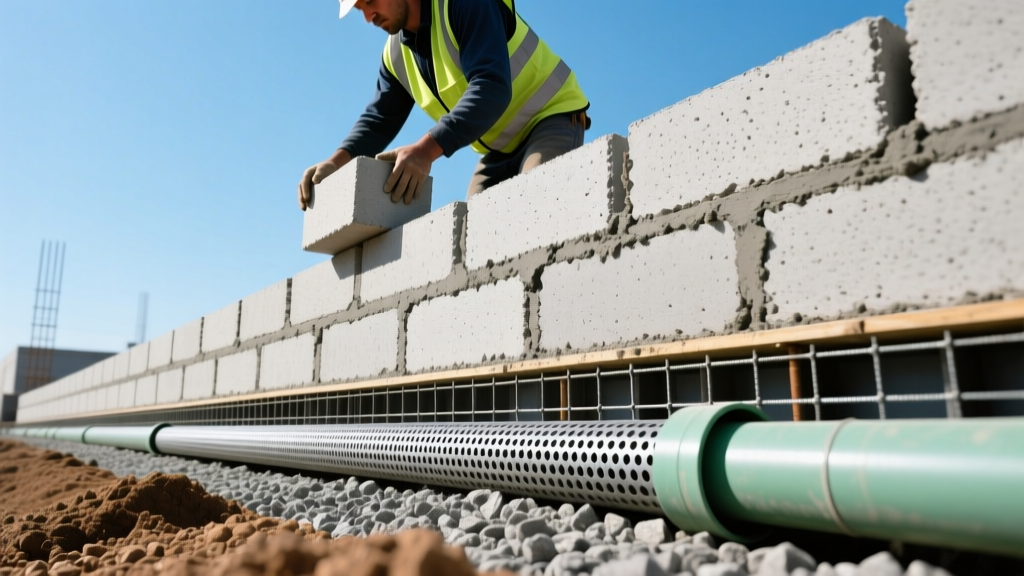 Worker stacking interlocking concrete retaining wall blocks over compacted gravel with exposed geogrid and drain pipe
