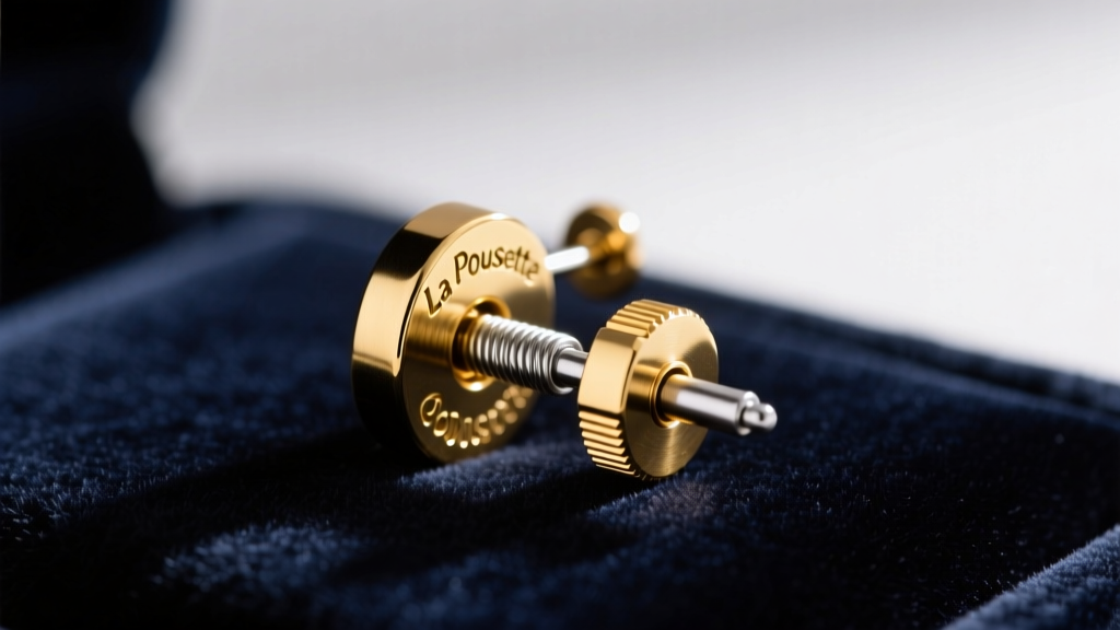 Macro shot of a gold La Pousette locking earring back mechanism partially engaged on a post, resting on dark velvet surface