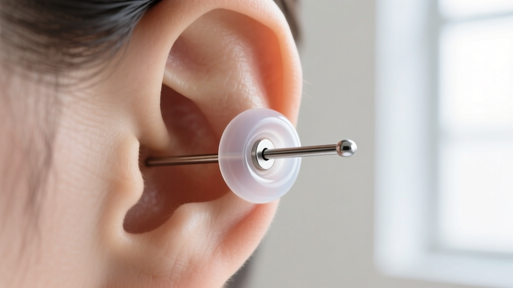 Macro shot of an 18-gauge surgical steel post reinforced with clear silicone on an ear lobe to support heavy cosplay jewelry.