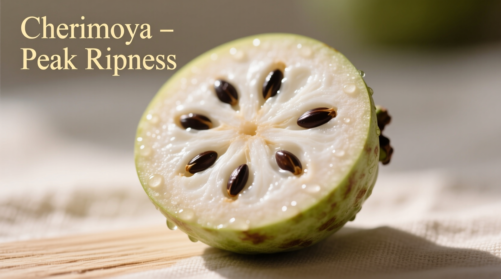Ripe cherimoya fruit cut in half showing creamy white flesh