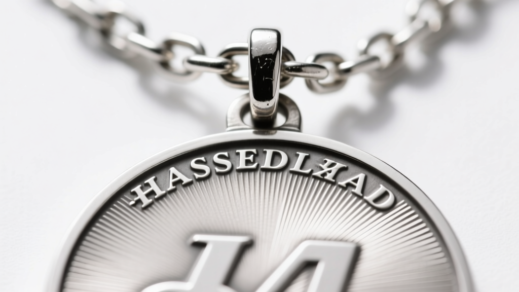 Macro shot of a die-struck sterling silver medal showing crisp high-relief engraving and a sturdy 1.5mm box chain clasp.