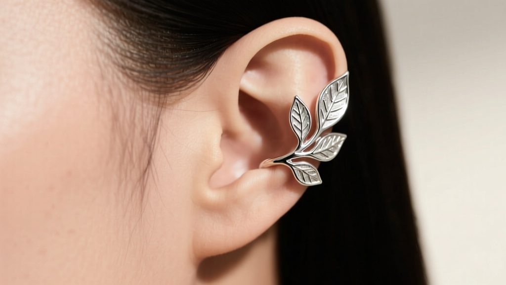 Sterling silver elf ear cuff wrapping around the upper helix cartilage, featuring delicate leaf motifs against soft studio light.
