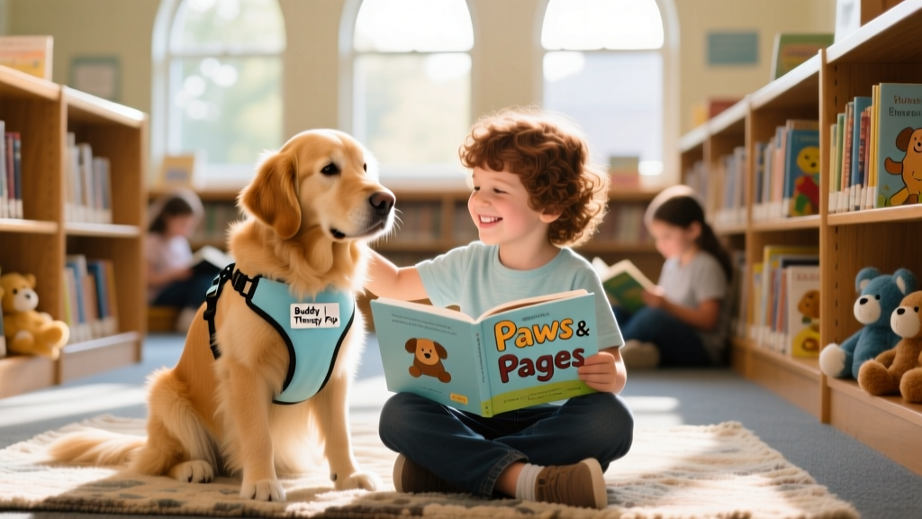 A smiling child gently petting a gentle therapy dog during a school library reading session