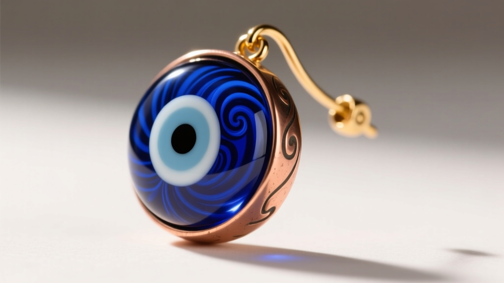 Close-up of a Turkish evil eye nazar earring with cobalt blue glass fused over a copper alloy base and a 20-gauge gold ear wire.